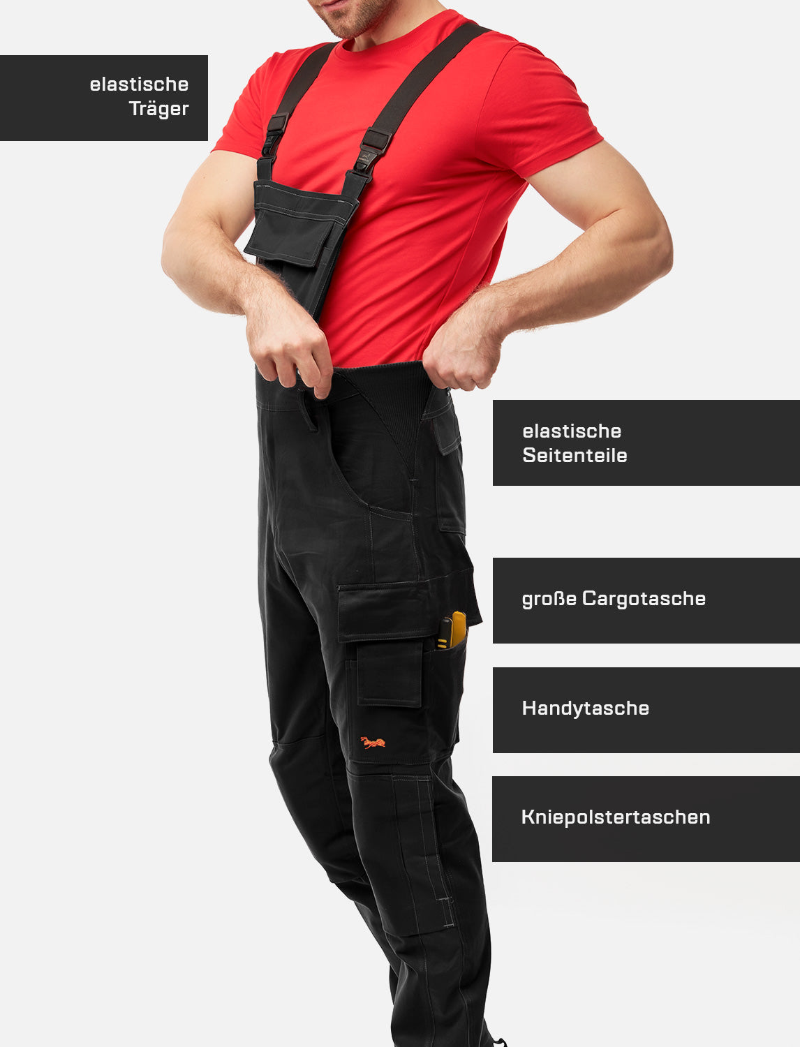 Männer Profi-Arbeits-Latzhose mit Kniepolstertaschen für Handwerk und Bau aus Stretch Strong Baumwolle