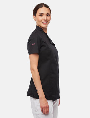 Schwarze Kochjacke Damen D411KURZDRY Kurzarm – seitliche Vorderansicht