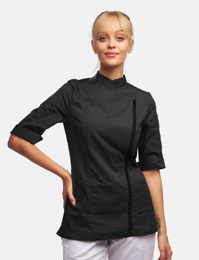 Schwarze Kochjacke Damen D413STR mit Reißverschluss – Vorderansicht