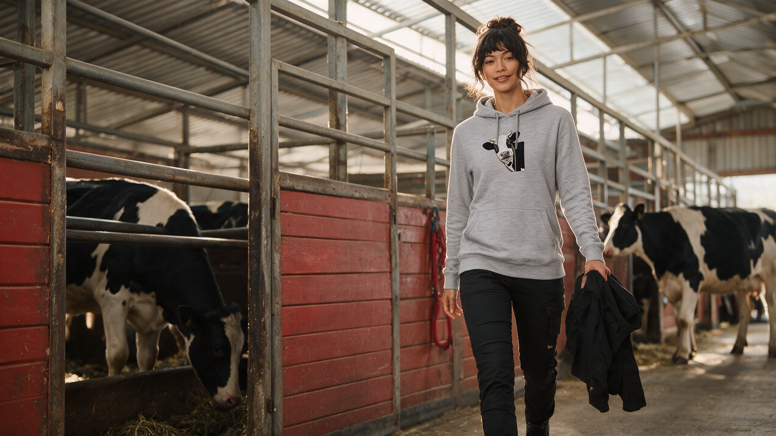 Frau im grauen strongAnt Damen-Hoodie mit Kuhmotiv im Kuhstall