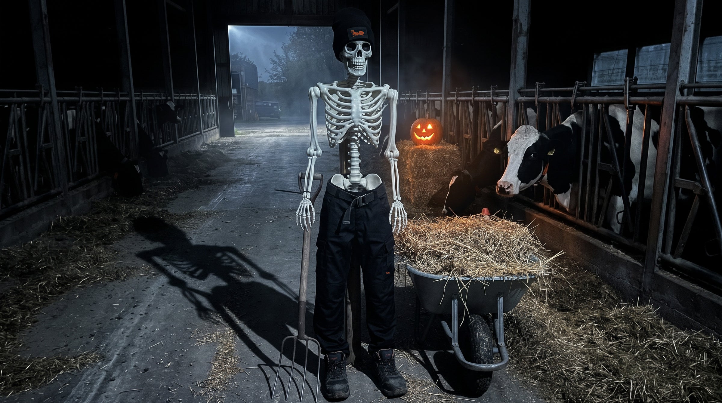 Skelett in strongAnt Arbeitshose und Mütze im Kuhstall – Halloween-Aktion